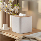Square Linen Tissue Box Cover with Magnetic Closure, Modern PU Leather Tissue Box Holder for Bathroom Vanity Countertop Night Stands Bedroom Office Desk, Stylish Cube Tissue Holder (Hemp oak)