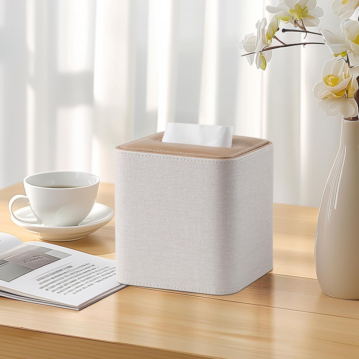 Square Linen Tissue Box Cover with Magnetic Closure, Modern PU Leather Tissue Box Holder for Bathroom Vanity Countertop Night Stands Bedroom Office Desk, Stylish Cube Tissue Holder (Hemp oak)