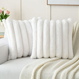 Cream White Decorative Throw Pillow Covers 18x18 Inch Set of 2, Square Soft Faux Rabbit Fur Thick Striped Cushion Cover,Winter Home Decor for Couch Bed Living Room（45 * 45cm without core）