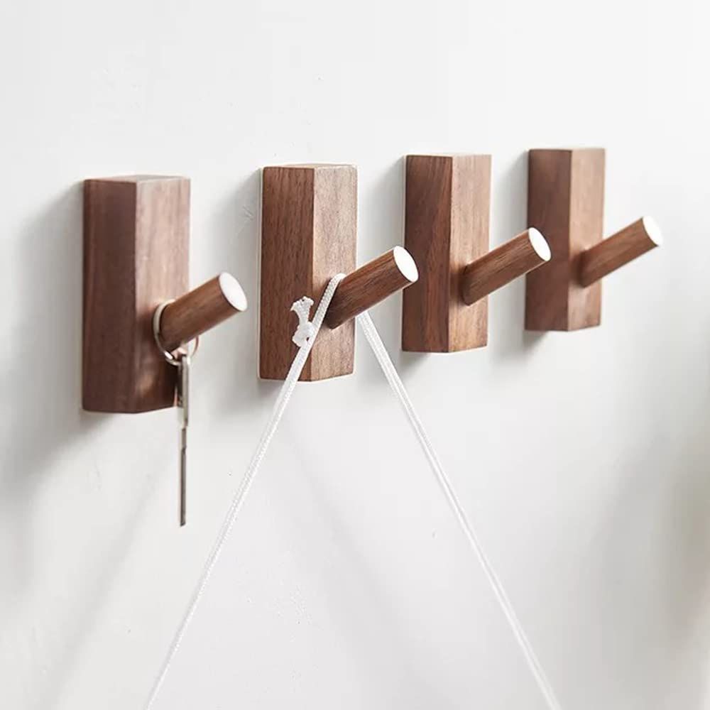 4Pack Adhesive Wall Hooks Hat Rack, Wooden Coat Hooks Wall Mounted, Decorative Hooks Single Organizer Hat Hanger Towel Rack, Heavy Duty Hooks (black walnut)