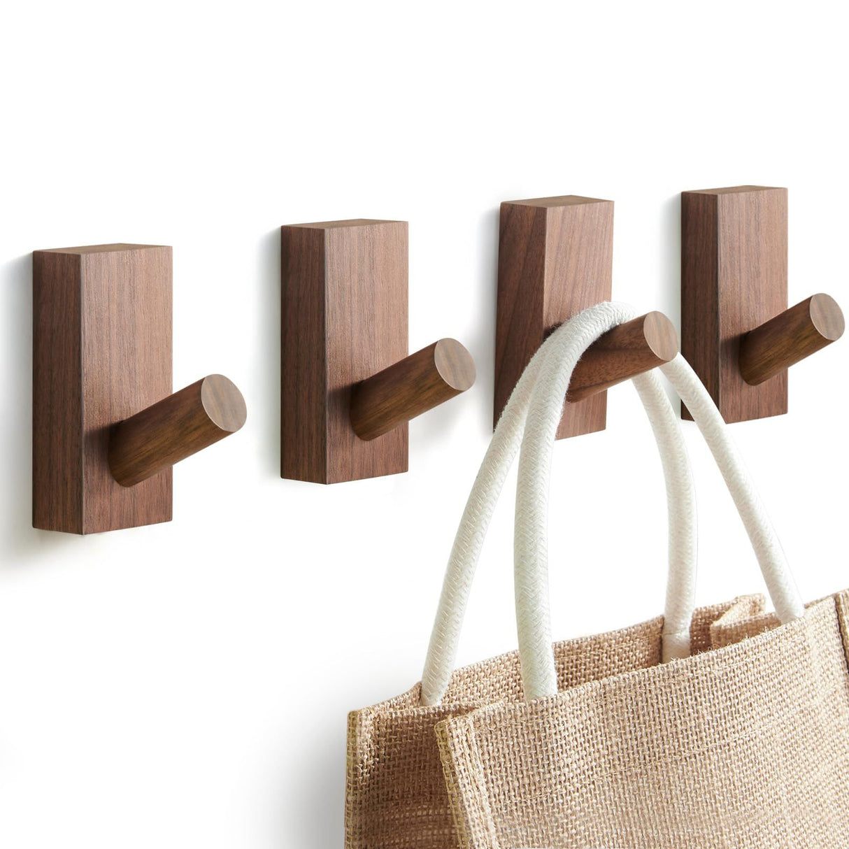 4Pack Adhesive Wall Hooks Hat Rack, Wooden Coat Hooks Wall Mounted, Decorative Hooks Single Organizer Hat Hanger Towel Rack, Heavy Duty Hooks (black walnut)