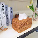 Rectangle Tissue Box Cover, Woven Tissue Box Holder with Lid, Wicker Tissue Holder for Bathroom Toilet Living Room Bedroom Table Desk Home Office Car, Coffee