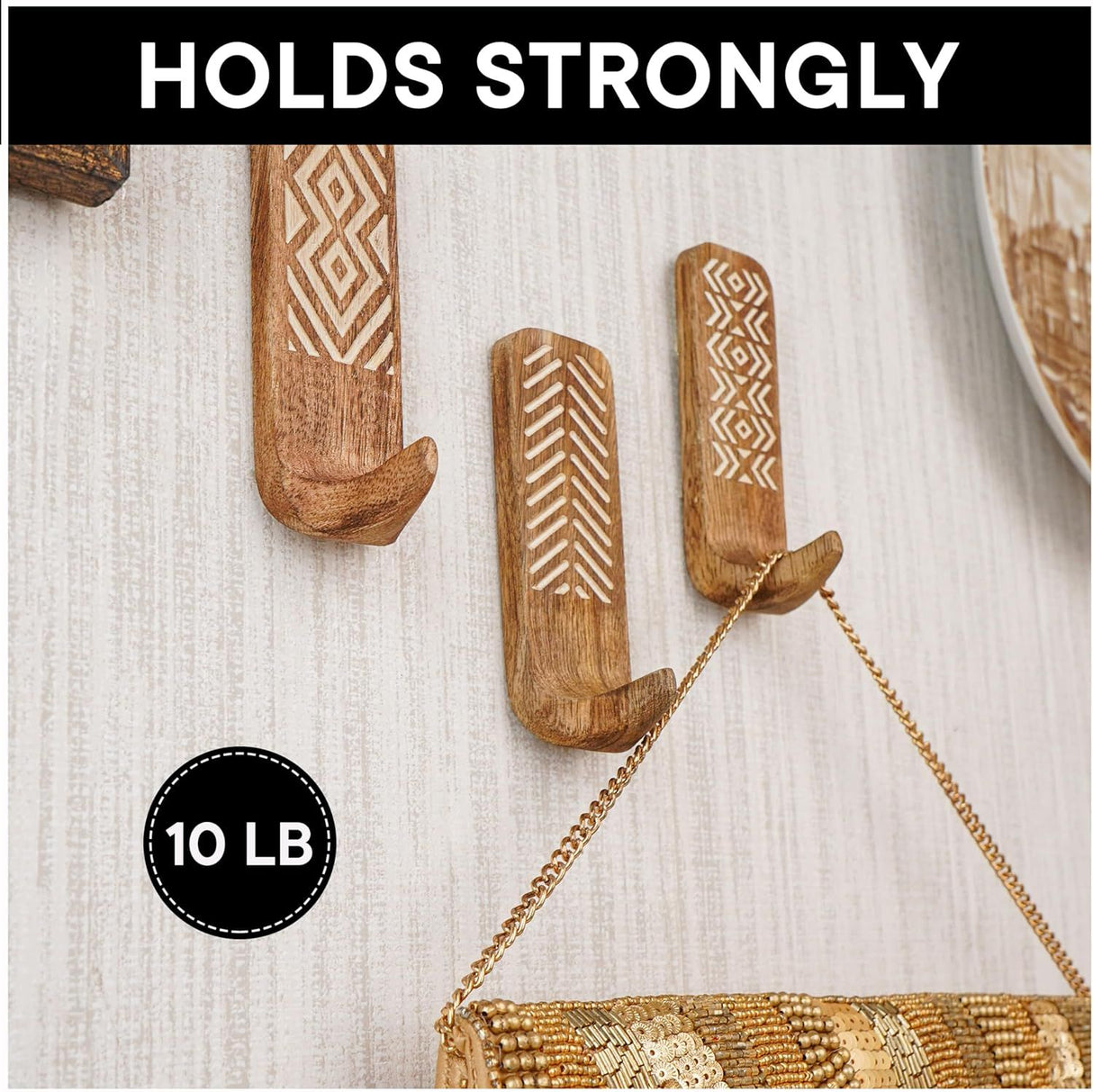 Shelf Boho Decorative Wood Adhesive Wall Hooks for Hanging Coats, Keys, Leash, Hat, Towel Holder, Cute Sticky Key Holder,  (3 Hooks )