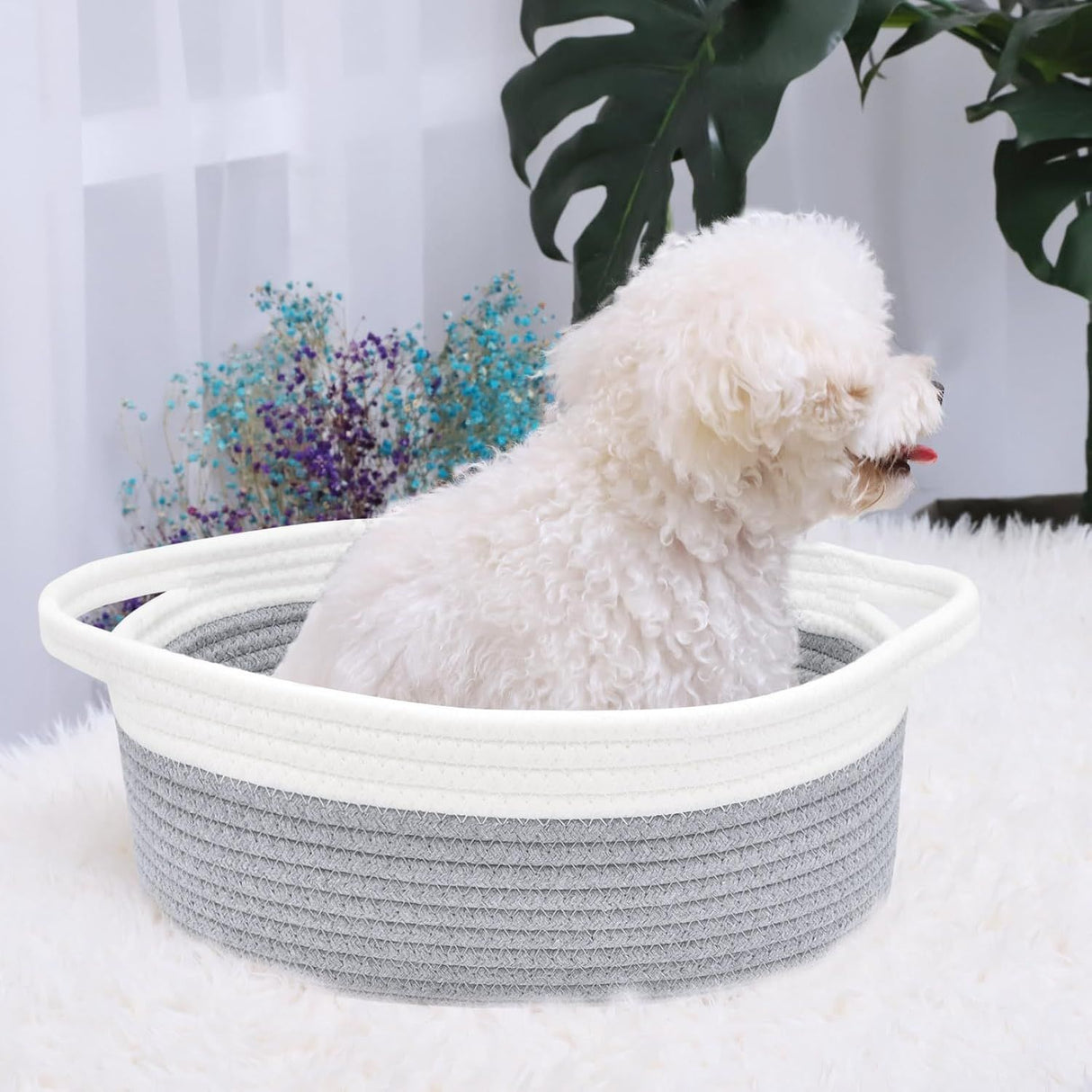 Rope Baskets for Gifts Empty, Decorative Storage Baskets for Nursery, Woven Gift Basket for Baby Shower, Dog Toy Basket with Handles for Living Room, - Grey+white