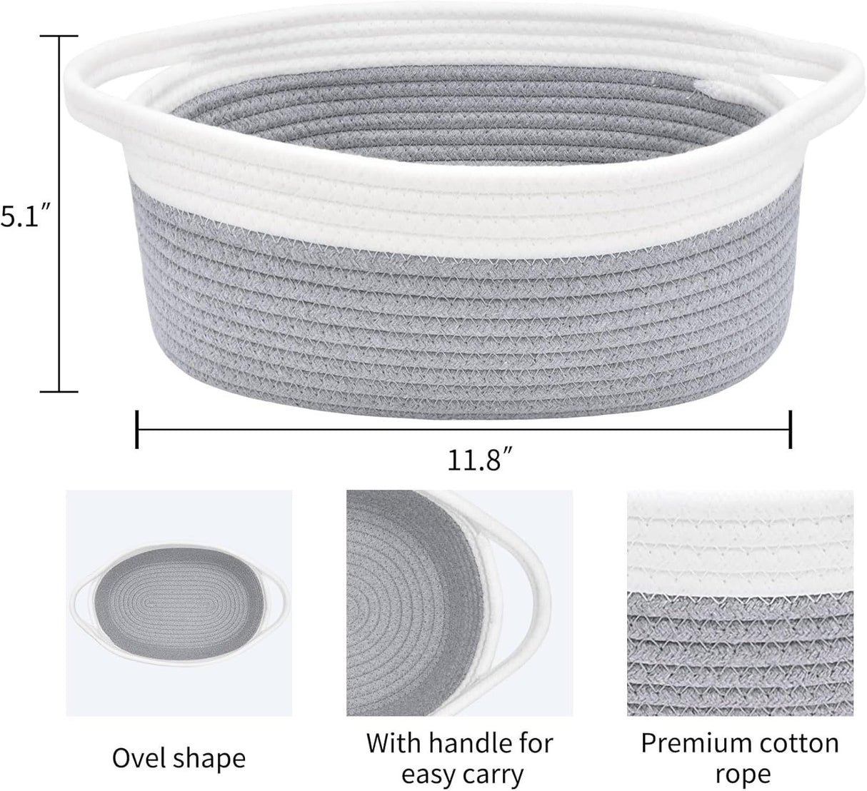 Rope Baskets for Gifts Empty, Decorative Storage Baskets for Nursery, Woven Gift Basket for Baby Shower, Dog Toy Basket with Handles for Living Room, - Grey+white