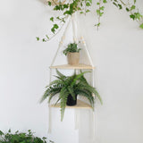 Double layer Bohemian cotton rope hand woven shelf, triangular wooden crafts, home decoration, flower pot storage(white 90*32.5cm)