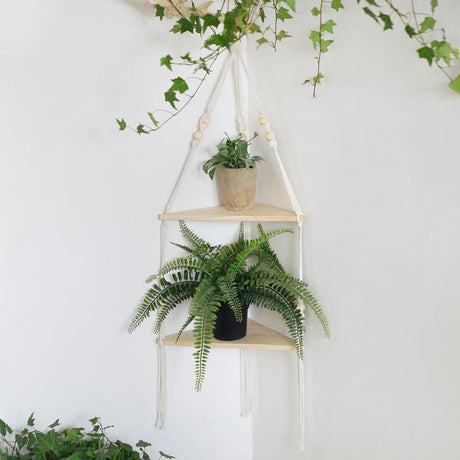 Double layer Bohemian cotton rope hand woven shelf, triangular wooden crafts, home decoration, flower pot storage(white 90*32.5cm)