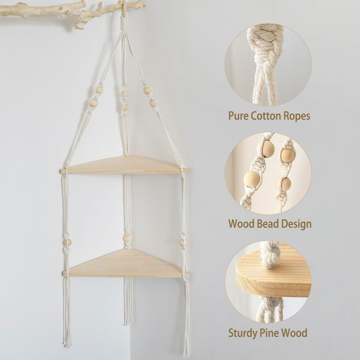 Double layer Bohemian cotton rope hand woven shelf, triangular wooden crafts, home decoration, flower pot storage(white 90*32.5cm)