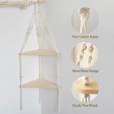 Double layer Bohemian cotton rope hand woven shelf, triangular wooden crafts, home decoration, flower pot storage(white 90*32.5cm)
