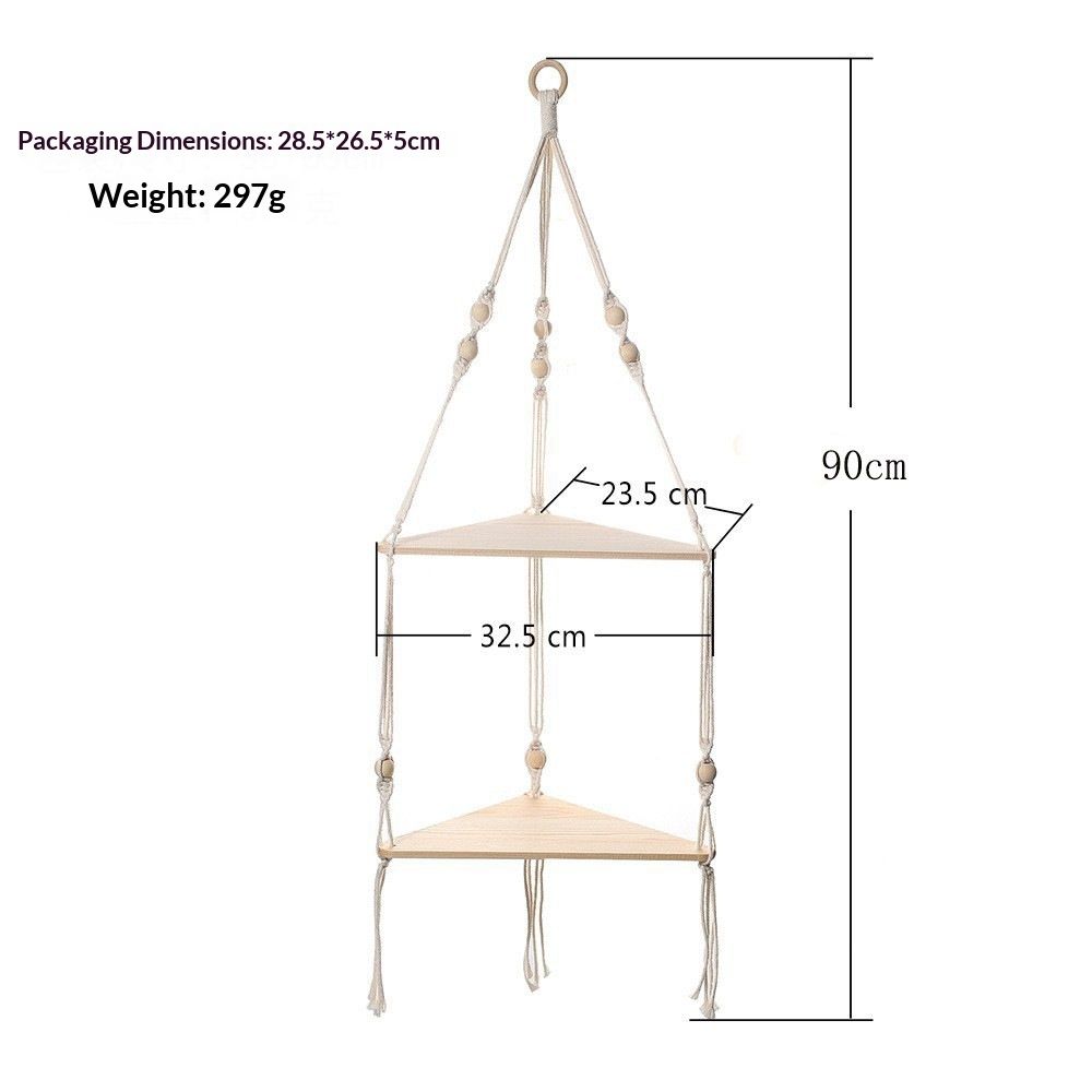 Double layer Bohemian cotton rope hand woven shelf, triangular wooden crafts, home decoration, flower pot storage(white 90*32.5cm)