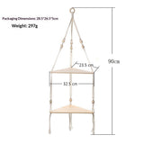 Double layer Bohemian cotton rope hand woven shelf, triangular wooden crafts, home decoration, flower pot storage(white 90*32.5cm)