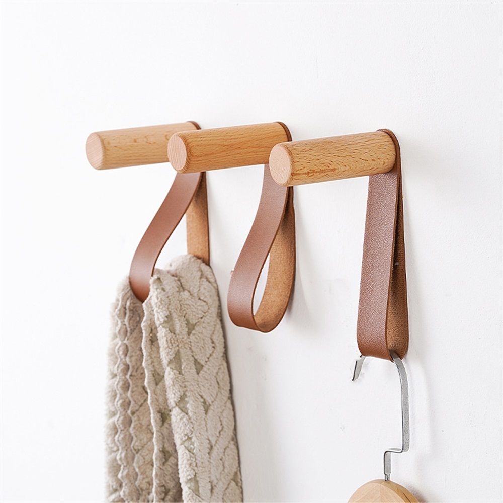 Wooden Hooks with Leather for Wall Mounted Single Hangers, Handmade Craft for Coats Hat Bags Rack 3pcs (beech)
