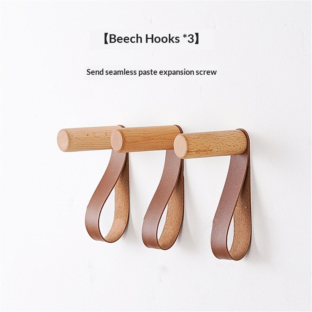 Wooden Hooks with Leather for Wall Mounted Single Hangers, Handmade Craft for Coats Hat Bags Rack 3pcs (beech)