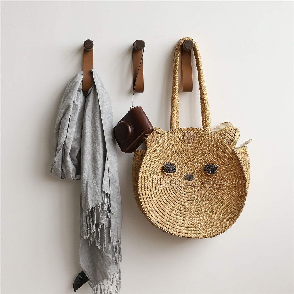 Wooden Hooks with Leather for Wall Mounted Single Hangers, Handmade Craft for Coats Hat Bags Rack 3pcs (beech)