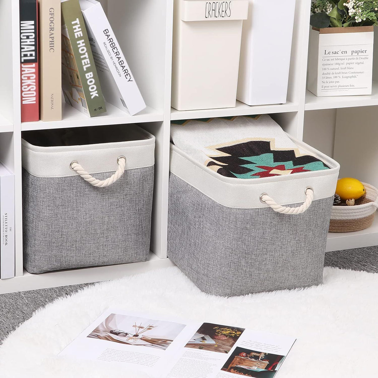 2pcs Cube Storage Bins 28*28*28cm Grey-Black Cube Storage Boxes Collapsible Large Cloth Organizer Baskets with Cotton Rops Handles for Storage Cubbies or Closet Shelf White + gray
