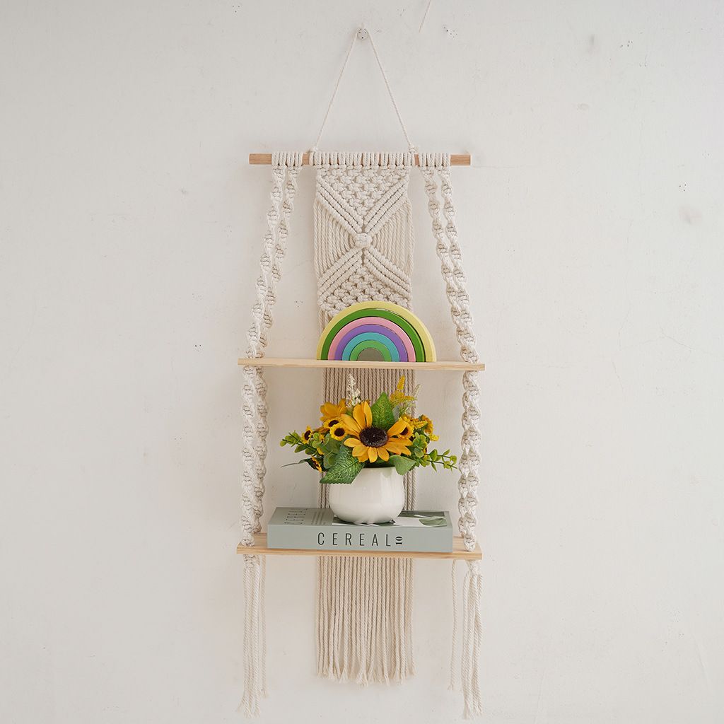 Wall Hanging Shelf Tassel Woven Shelves,Boho Wall Hanging Shelves for Small Plants Photo Frames,Home Living Room Bedroom Balcony Decor (beige)