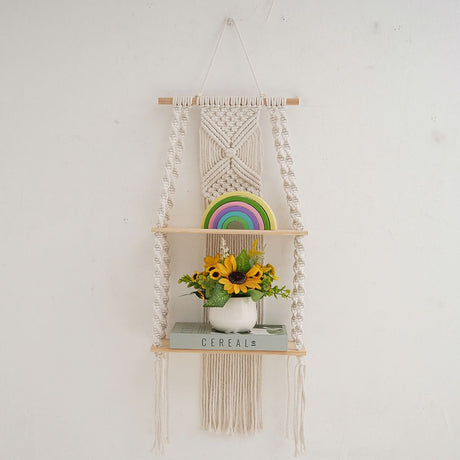 Wall Hanging Shelf Tassel Woven Shelves,Boho Wall Hanging Shelves for Small Plants Photo Frames,Home Living Room Bedroom Balcony Decor (beige)