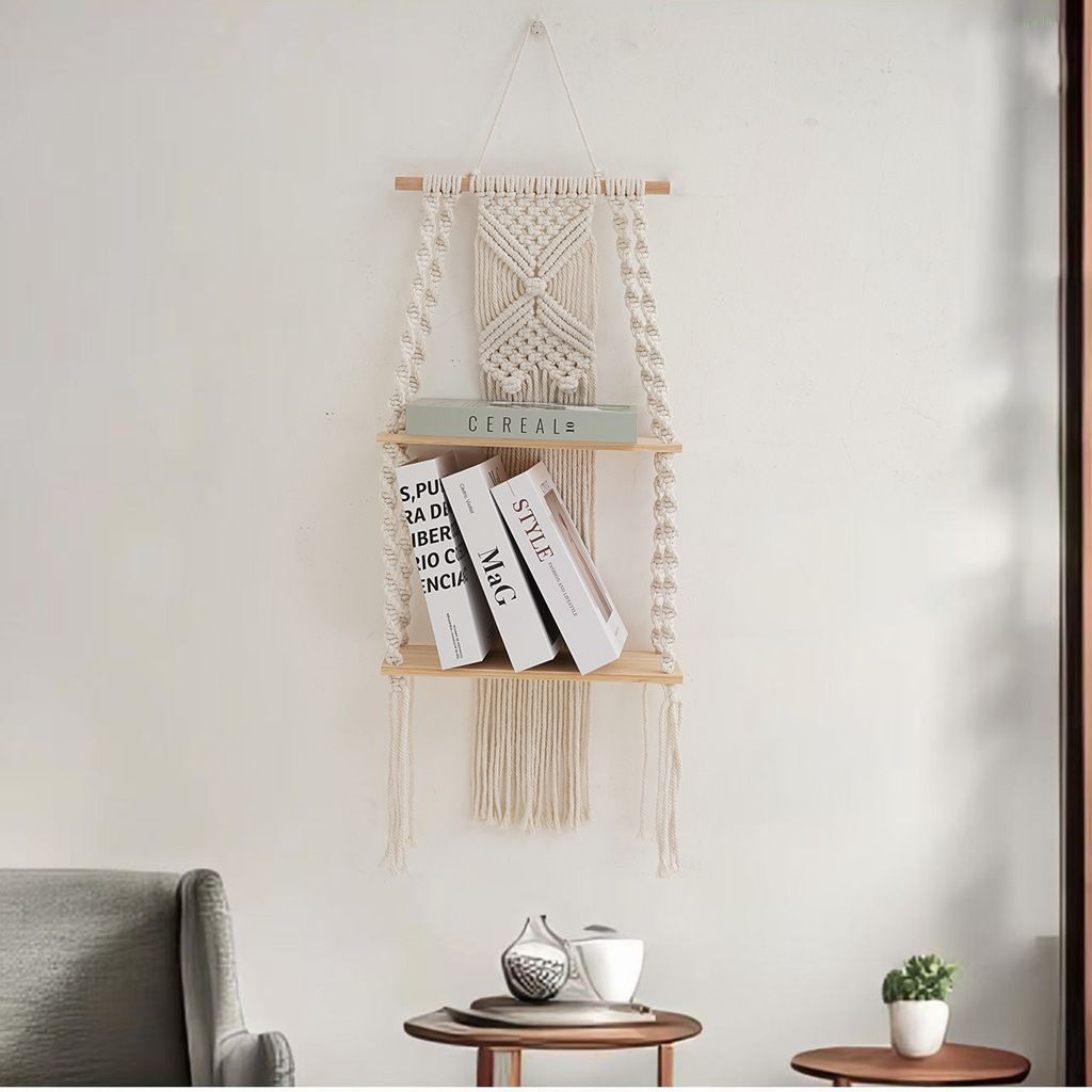 Wall Hanging Shelf Tassel Woven Shelves,Boho Wall Hanging Shelves for Small Plants Photo Frames,Home Living Room Bedroom Balcony Decor (beige)