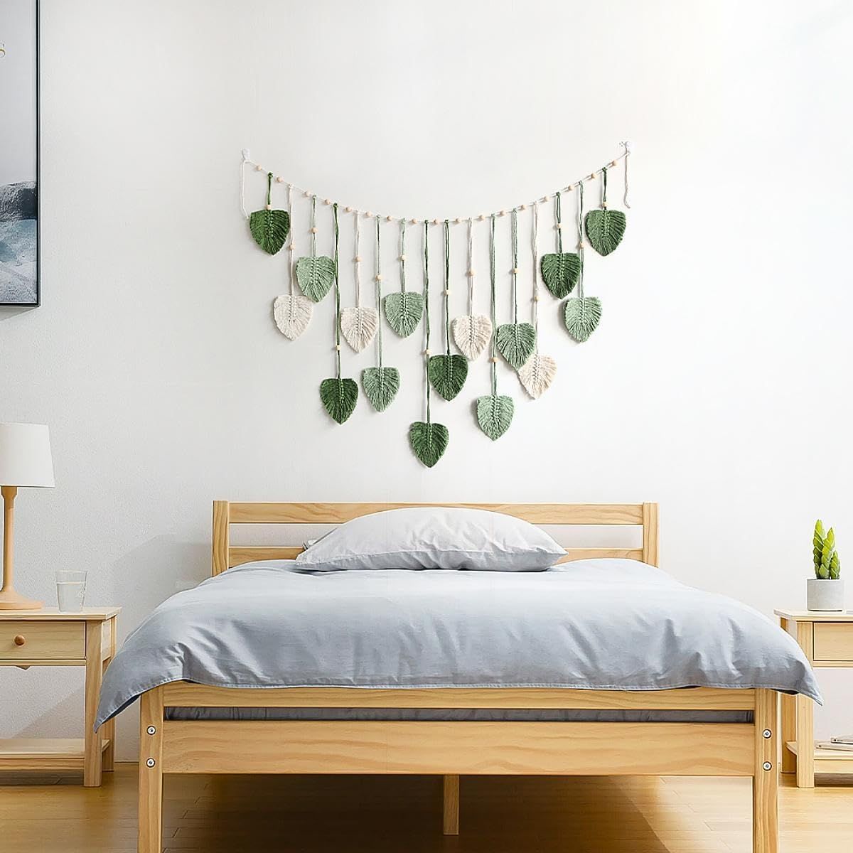 Wall Hanging Tapestry Boho Chic Home Decor Woven Green Leaf Large Tapestry Wall Art Decor Handmade Feather for Bedroom Living Room Apartment Hanging Decorations Green