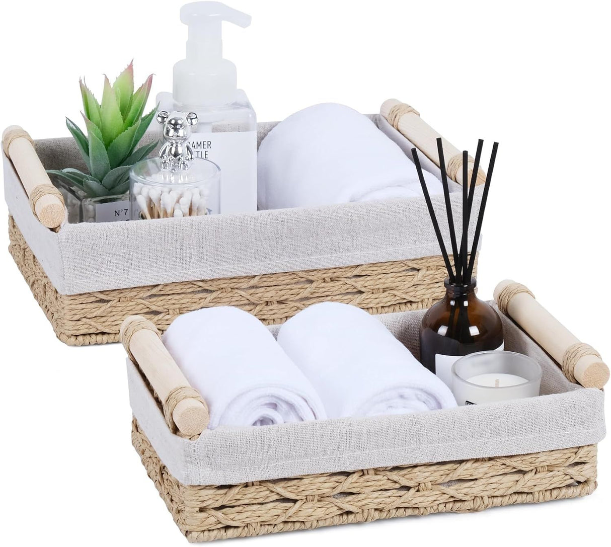 Paper Rope Decorative Toilet Paper Baskets & Bathroom Organizer for Toilet Tank Top, Shelves, Bedroom, Countertop,Home,Office Storage Bins, 2 Pack,Beige