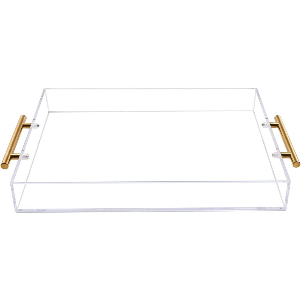 Clear Acrylic Serving Tray with Golden Handles, Sturdy Huge Capacity Acrylic Tray for Coffee, Juice, Kitchen and Desk Organizer, Storage Tray （Golden handle small size）