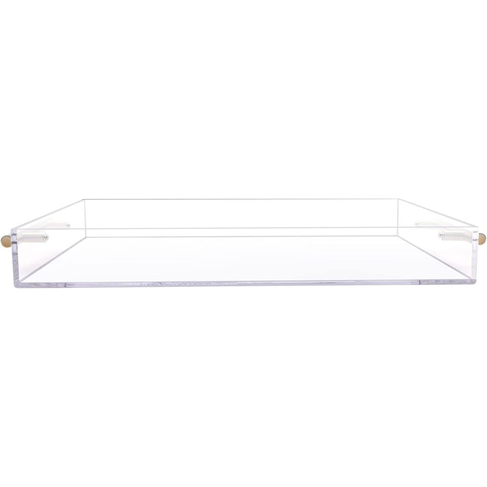 Clear Acrylic Serving Tray with Golden Handles, Sturdy Huge Capacity Acrylic Tray for Coffee, Juice, Kitchen and Desk Organizer, Storage Tray （Golden handle small size）