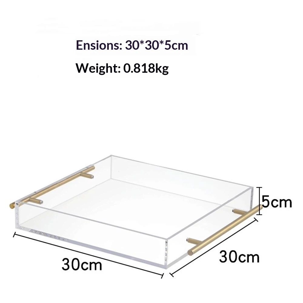 Clear Acrylic Serving Tray with Golden Handles, Sturdy Huge Capacity Acrylic Tray for Coffee, Juice, Kitchen and Desk Organizer, Storage Tray （Golden handle small size）