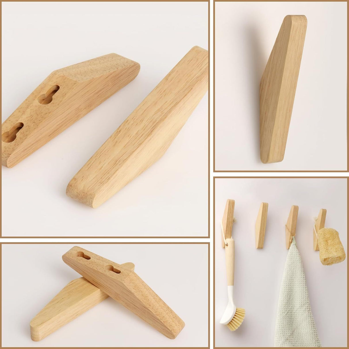 4 Pack Wood Wall Hooks Natural Wooden Coat Hooks Hat Hooks No Damage for Hanging Towels Clothes Adhesive Modern Home Decorative Gift