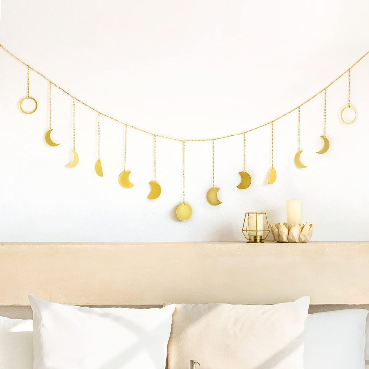 Wall Hanging Boho Aesthetic Room Decor Metal Moons Garland Hanging Art Bohemian Home Decoration for Girls Room Nursery Bedroom Livingroom Dorm, Ideal, Gold