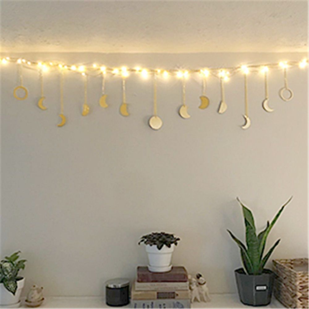 Wall Hanging Boho Aesthetic Room Decor Metal Moons Garland Hanging Art Bohemian Home Decoration for Girls Room Nursery Bedroom Livingroom Dorm, Ideal, Gold