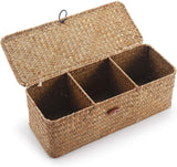 Seagrass Storage Basket with Lid Rectangular Small Woven Shelf Baskets with Sections for Organize Snack Toys Tampon（27*10*10.3cm）