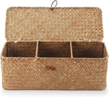 Seagrass Storage Basket with Lid Rectangular Small Woven Shelf Baskets with Sections for Organize Snack Toys Tampon（27*10*10.3cm）