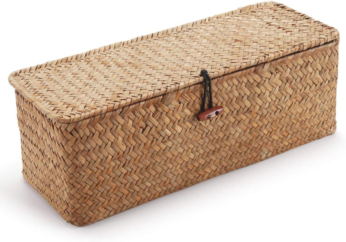 Seagrass Storage Basket with Lid Rectangular Small Woven Shelf Baskets with Sections for Organize Snack Toys Tampon（27*10*10.3cm）
