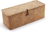 Seagrass Storage Basket with Lid Rectangular Small Woven Shelf Baskets with Sections for Organize Snack Toys Tampon（27*10*10.3cm）