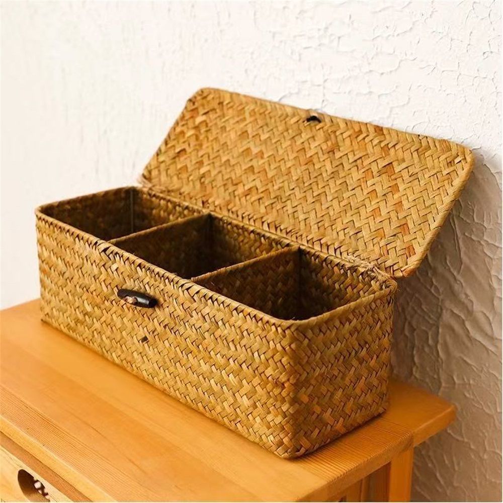 Seagrass Storage Basket with Lid Rectangular Small Woven Shelf Baskets with Sections for Organize Snack Toys Tampon（27*10*10.3cm）