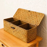 Seagrass Storage Basket with Lid Rectangular Small Woven Shelf Baskets with Sections for Organize Snack Toys Tampon（27*10*10.3cm）