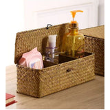 Seagrass Storage Basket with Lid Rectangular Small Woven Shelf Baskets with Sections for Organize Snack Toys Tampon（27*10*10.3cm）