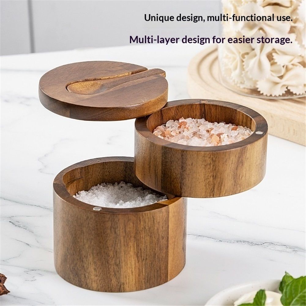 Gourmet Double Layer Swivel Salt Cellar Box, Wooden Salt Box with Swivel Lid, Double-Layer Spice Container with Magnetic Lid and Spoon