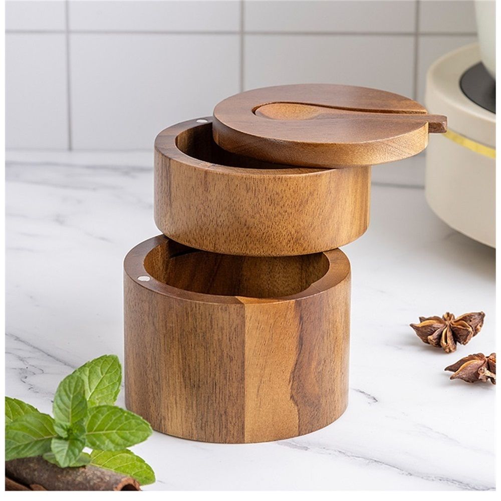 Gourmet Double Layer Swivel Salt Cellar Box, Wooden Salt Box with Swivel Lid, Double-Layer Spice Container with Magnetic Lid and Spoon