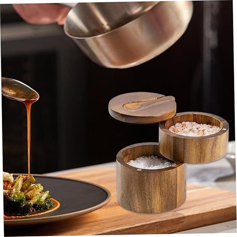 Gourmet Double Layer Swivel Salt Cellar Box, Wooden Salt Box with Swivel Lid, Double-Layer Spice Container with Magnetic Lid and Spoon