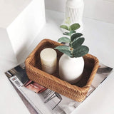 Rattan Storage Baskets Rectangle Woven Bread Basket Rectangular Wicker Serving Organizer Tray Rattan Fruit Basket, Stackable Wicker Organizer（20*14*7cm）