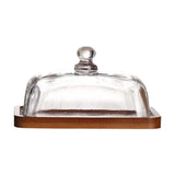 Glass Butter Dish with Lid, Clear Domed Cheese Dish with Handle, Large Butter Keeper Saver with Cover for Table, Kitchen Countertop, Refrigerator（Acacia wood+lid）