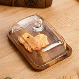 Glass Butter Dish with Lid, Clear Domed Cheese Dish with Handle, Large Butter Keeper Saver with Cover for Table, Kitchen Countertop, Refrigerator（Acacia wood+lid）