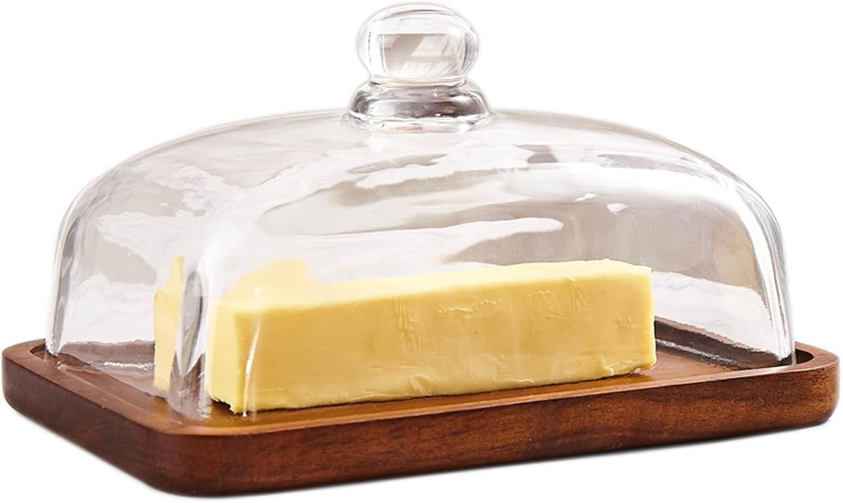 Glass Butter Dish with Lid, Clear Domed Cheese Dish with Handle, Large Butter Keeper Saver with Cover for Table, Kitchen Countertop, Refrigerator（Acacia wood+lid）