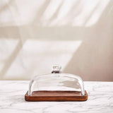 Glass Butter Dish with Lid, Clear Domed Cheese Dish with Handle, Large Butter Keeper Saver with Cover for Table, Kitchen Countertop, Refrigerator（Acacia wood+lid）
