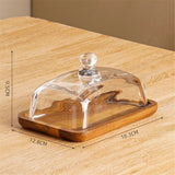 Glass Butter Dish with Lid, Clear Domed Cheese Dish with Handle, Large Butter Keeper Saver with Cover for Table, Kitchen Countertop, Refrigerator（Acacia wood+lid）