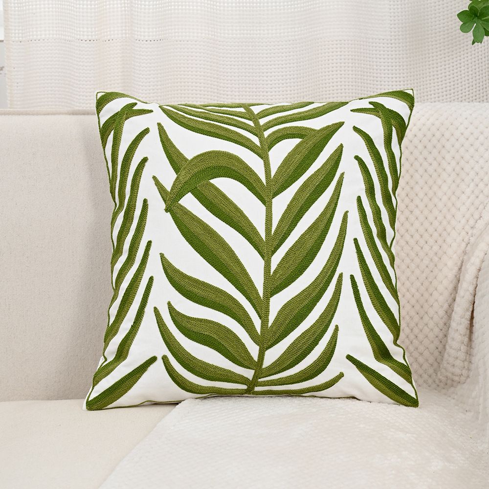 Farmhouse Floral Leaves Embroidered Decorative Throw Pillow Cover 18x18 inches, Boho Tufted Flowers Pattern Chic Cotton Cushion Case for Couch Bed Sofa Living Room（Green Palm Leaves）