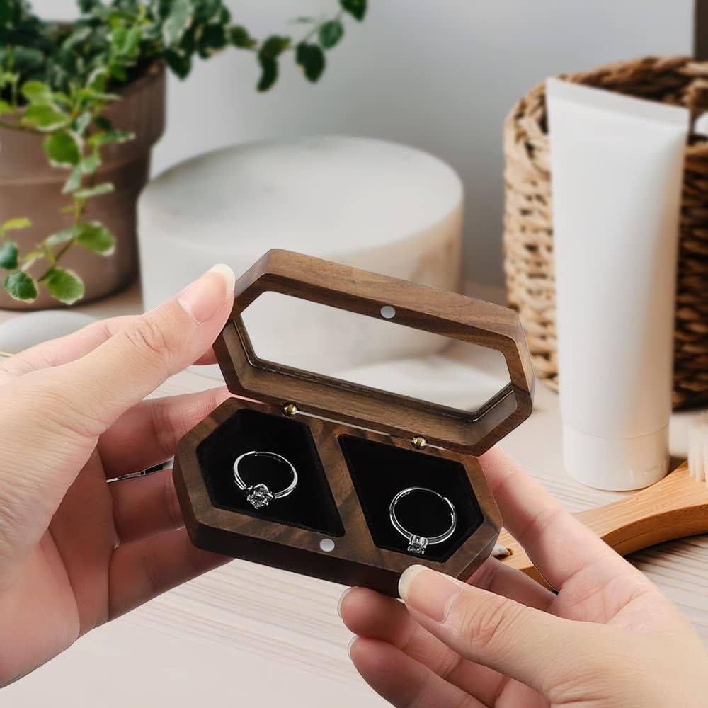 Wooden Ring Box Transparent Lid Couple Rings Box for Engagement Wedding Box Two Slots Small Jewelry Box for Stud Earrings Bracelet Necklace（black）