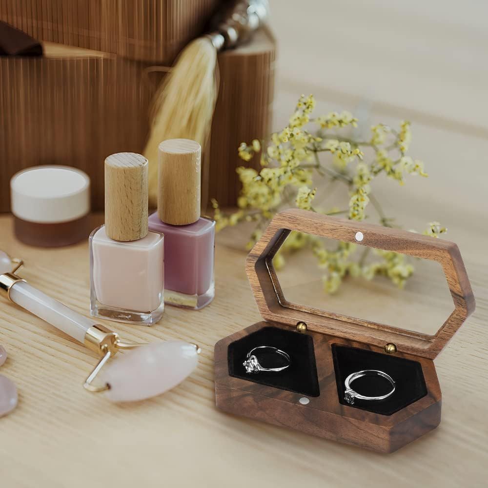 Wooden Ring Box Transparent Lid Couple Rings Box for Engagement Wedding Box Two Slots Small Jewelry Box for Stud Earrings Bracelet Necklace（black）