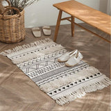 Bohemian Rugs- Cotton Braided Black and White Rug Decorative Hand Woven Front Porch Doormat with Tassel（Black and white tassel）
